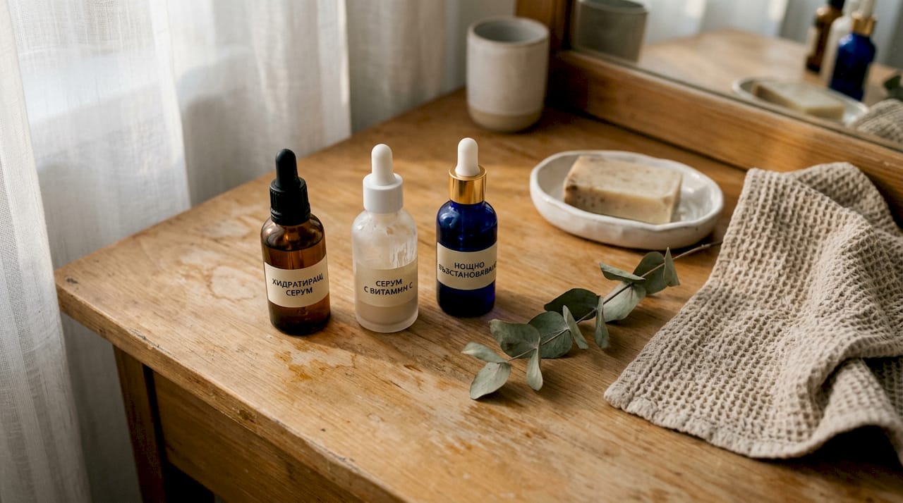 Близък кадър на флакони със серум, подредени върху дървена тоалетка.