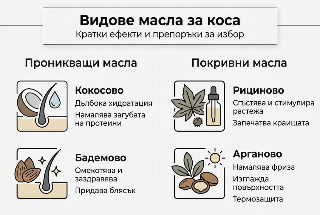 Инфографика: Кои масла за коса да изберем и какво да очакваме от тях