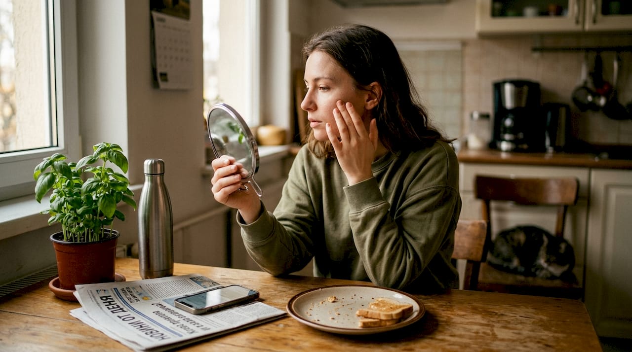 Жена оглежда кожата си в огледалото над кухненската мивка у дома.