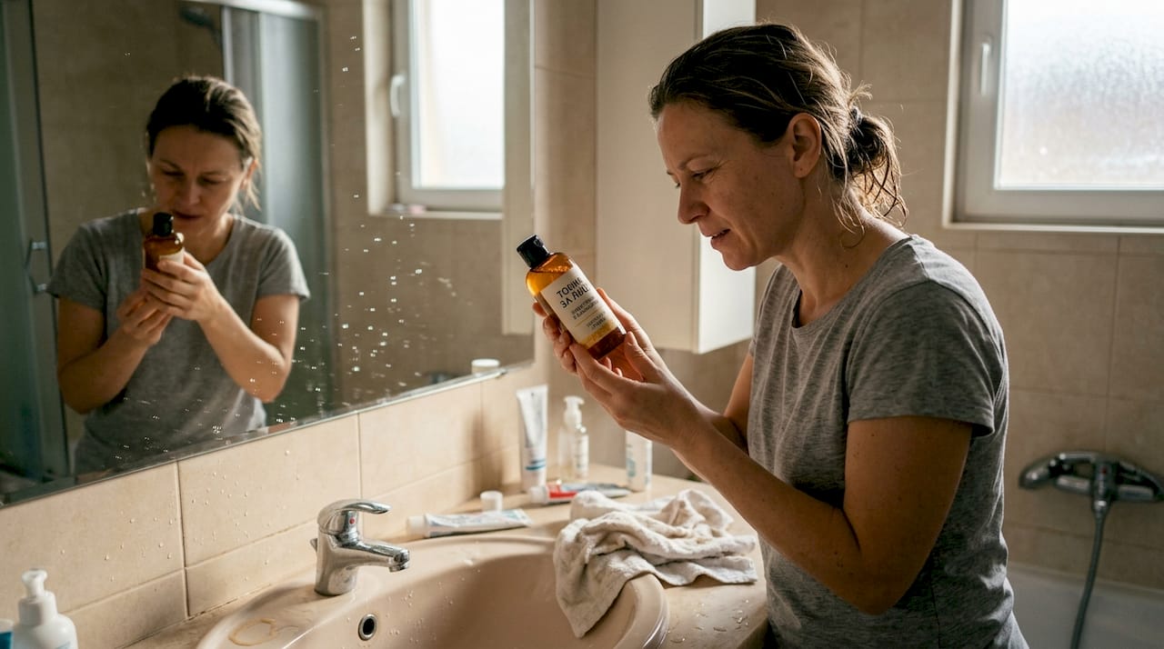 Жена стои в банята и внимателно чете етикета на тоник за лице.