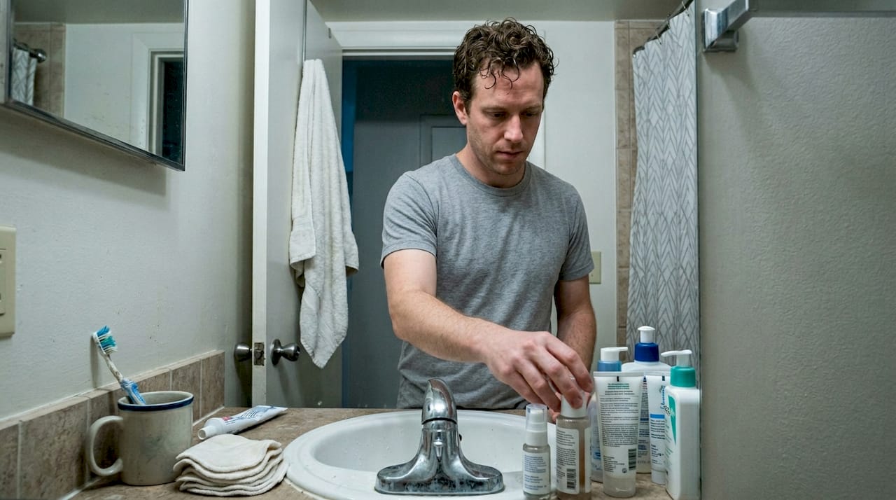 Мъж старателно подрежда козметичните продукти в банята си вкъщи.