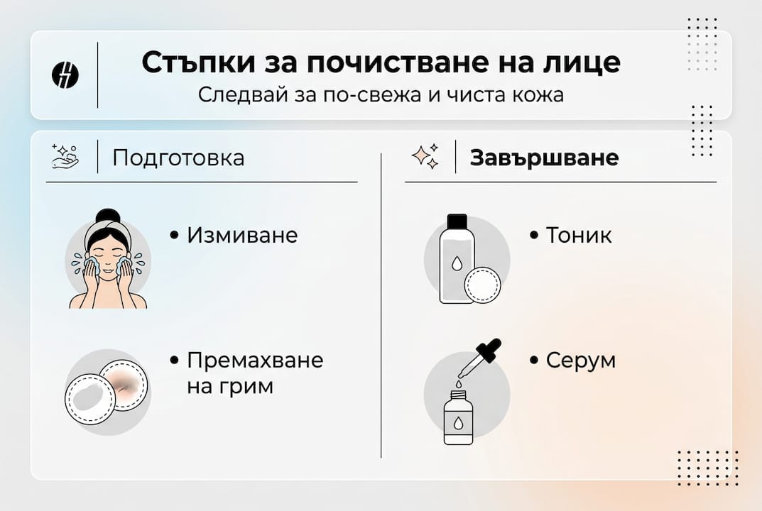 Инфографика с лесни стъпки за ефективно почистване на лицето