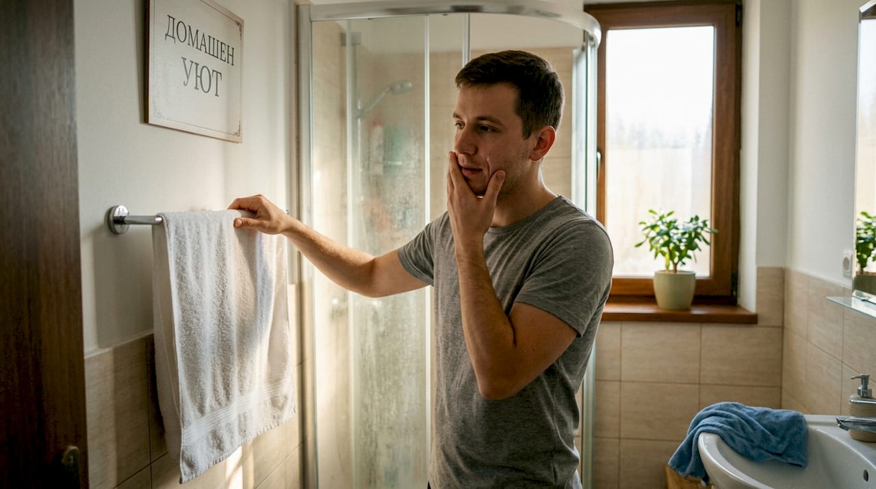 След като си изми лицето, мъжът сменя хавлията с чиста.