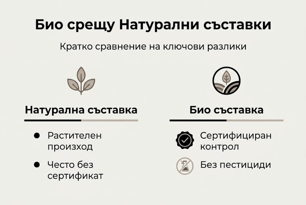 Инфографика, която представя разликите между био и натуралните съставки