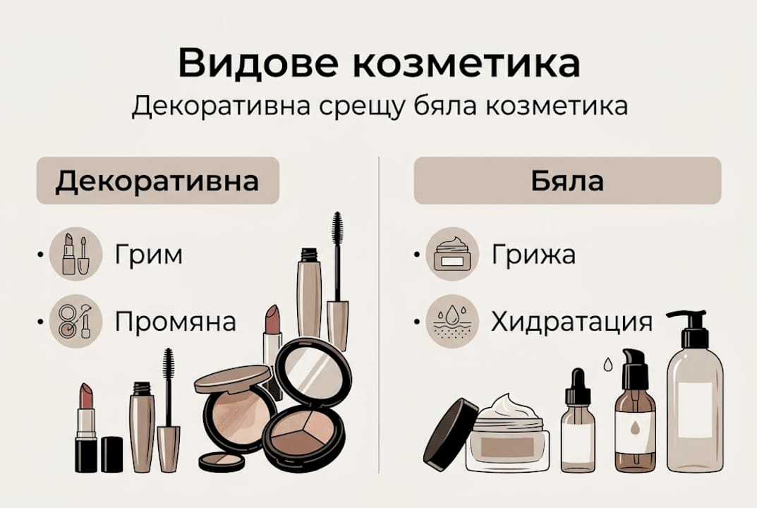 Визуално представяне на основните разлики между различните типове козметика