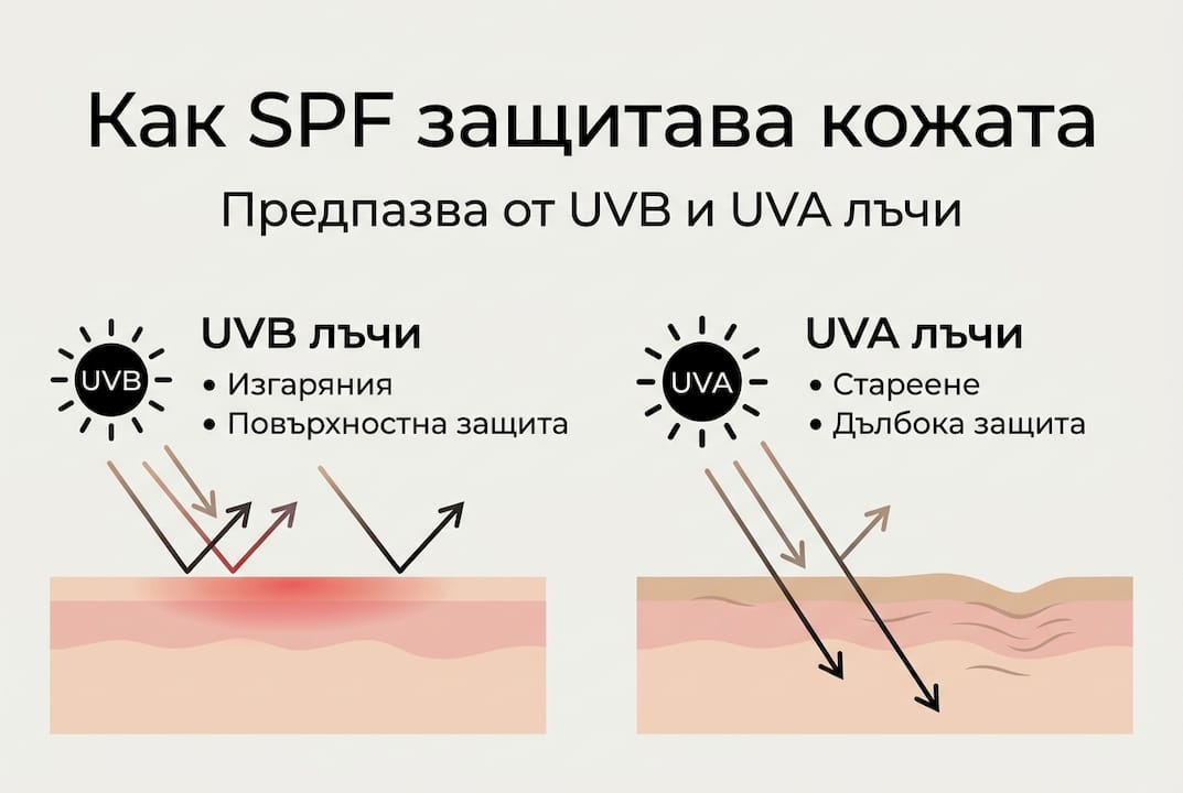Инфографика, която показва как SPF предпазва кожата както от UVB, така и от UVA лъчите