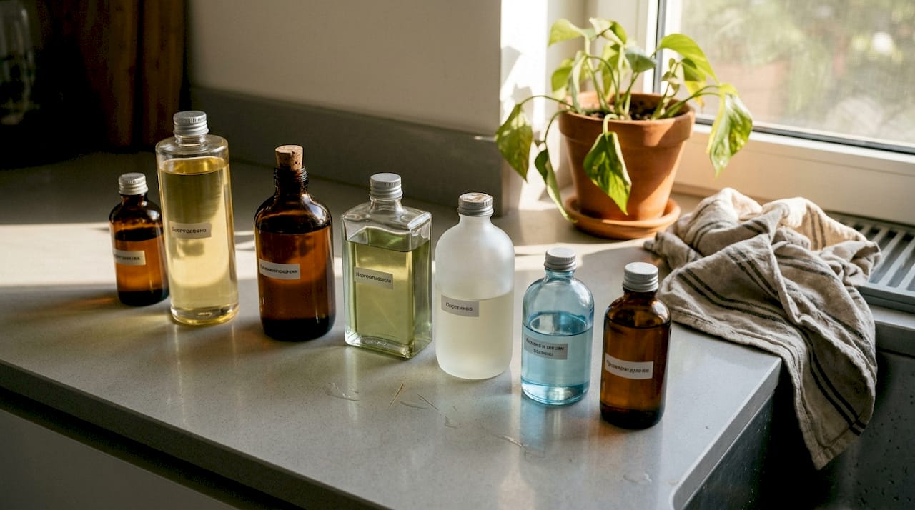 Различни шишенца с олио за тяло са подредени върху плота в банята.