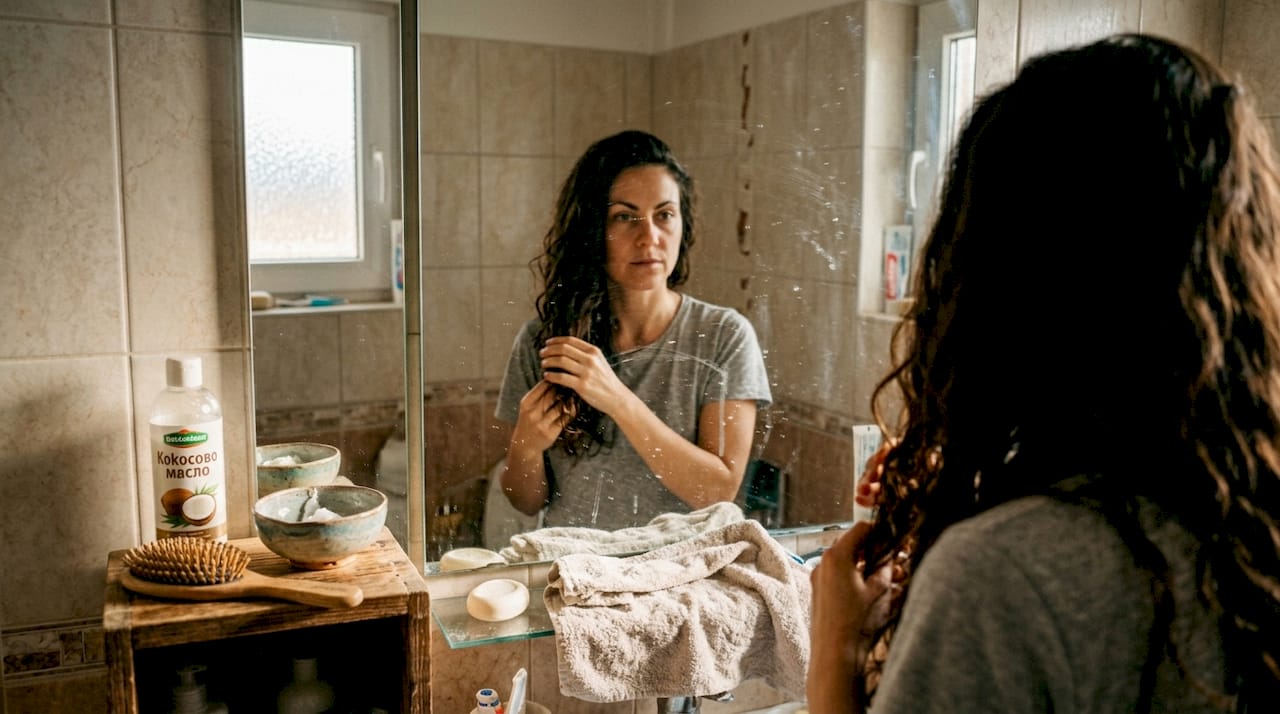 Жена си втрива кокосово масло в косата, за да я подхрани и направи по-лъскава.
