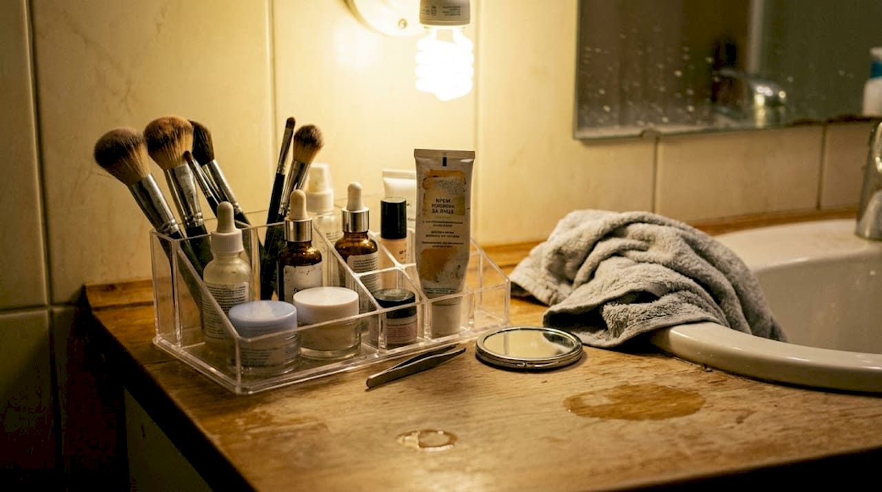 Подредени козметични продукти в банята, събрани в удобен органайзер