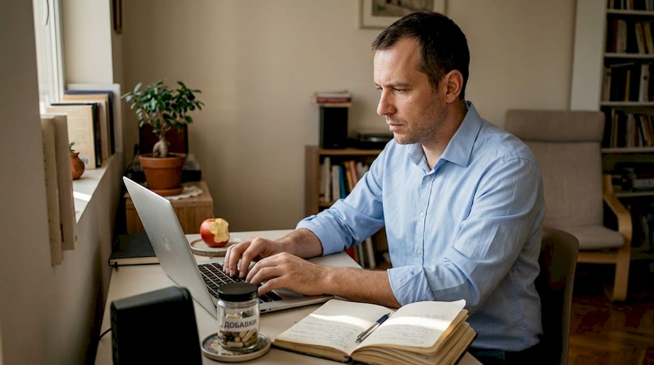 Мъж работи на бюро и си помага с хранителни добавки.