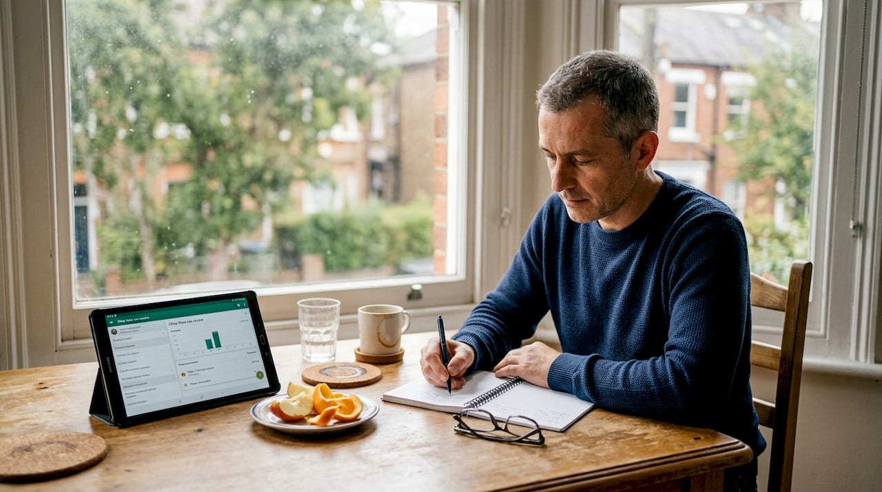 Мъж си записва какво яде в дневник за хранене, седнал на масата.