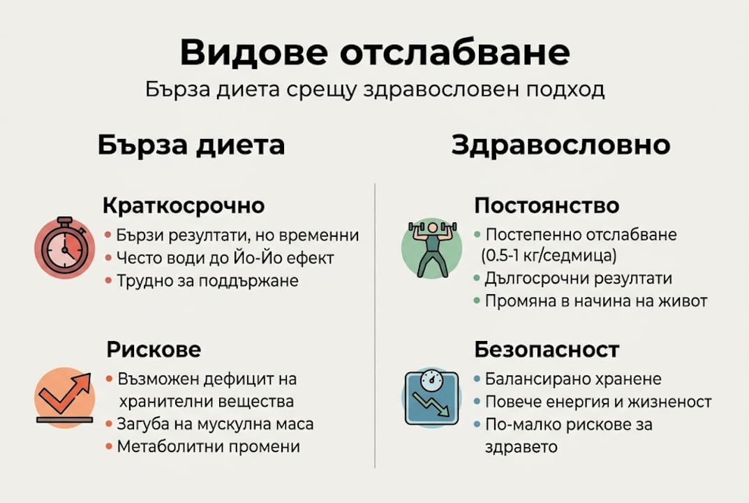 Вижте инфографиката, която ни помага да сравним ефекта от експресните диети с балансирания здравословен начин на хранене.