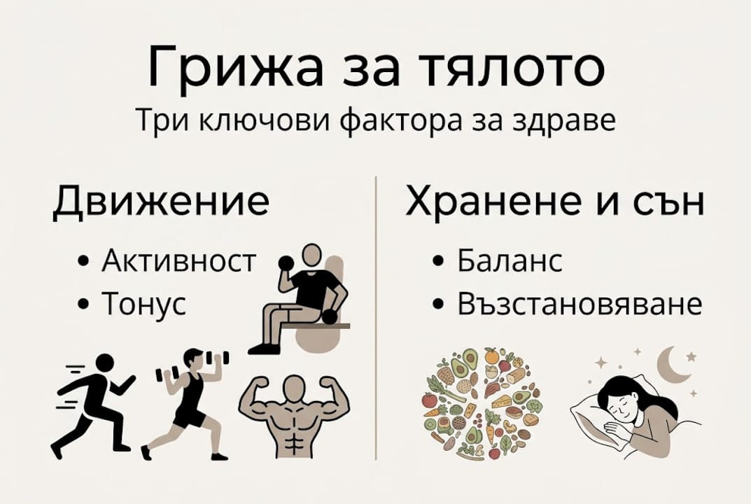 Инфографика: основни фактори за грижа за тялото и как влияят върху здравето и самочувствието ни