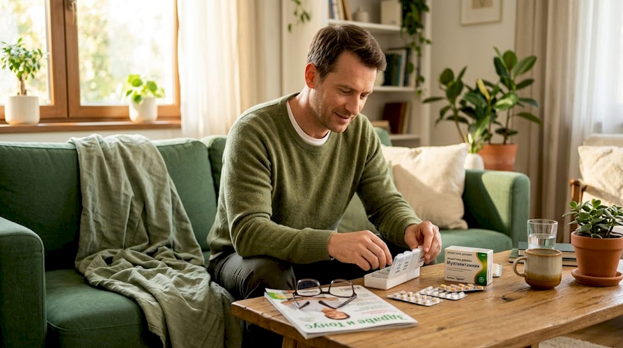 Мъж подрежда добавките си с цинк у дома.