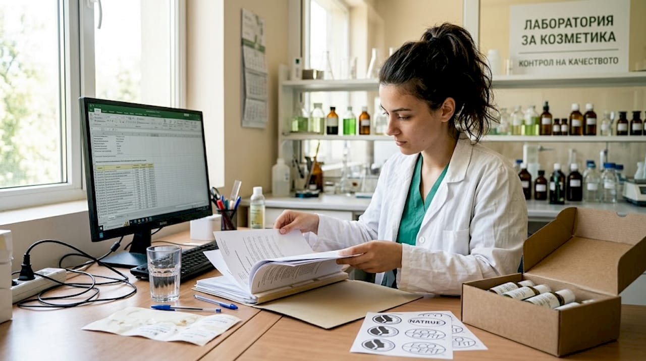 Лаборантка преглежда документация в козметична лаборатория.