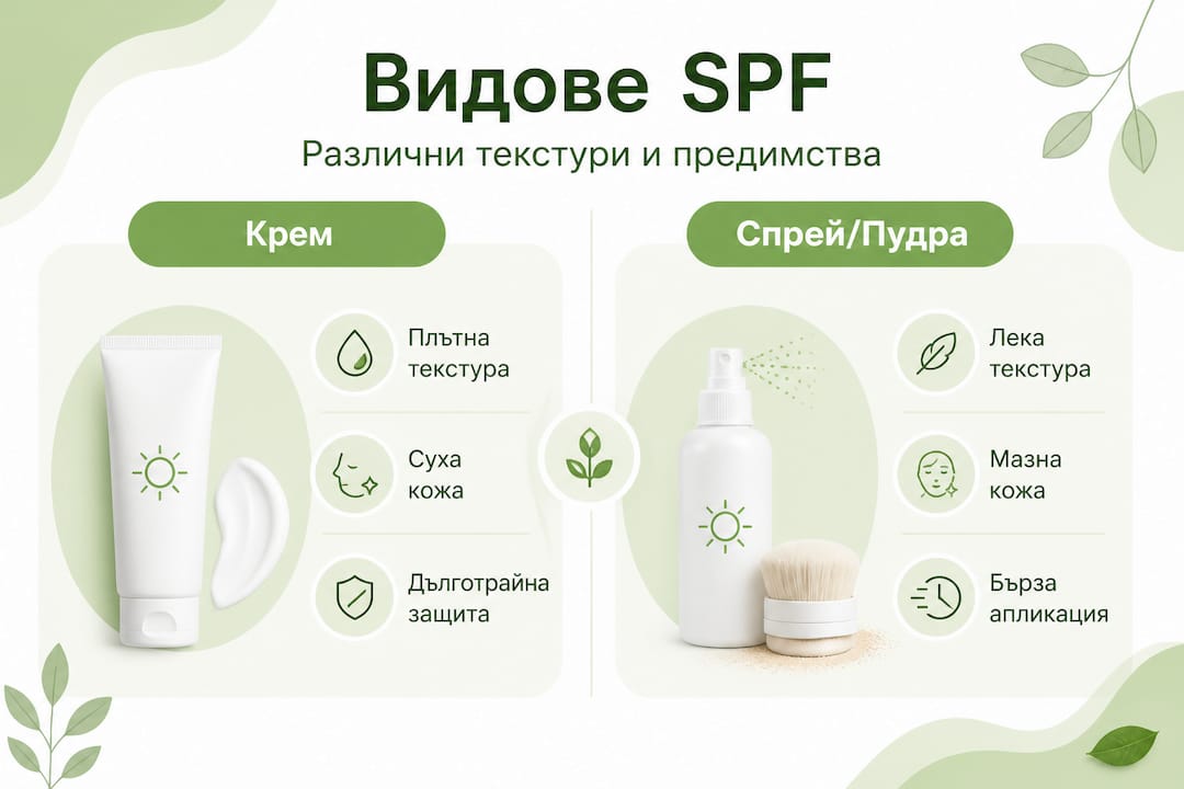 Инфографика, която представя различните видове слънцезащитни продукти