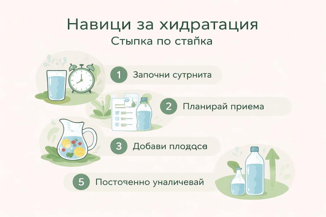 Инфографика във вертикален формат, представяща основните стъпки за хидратация