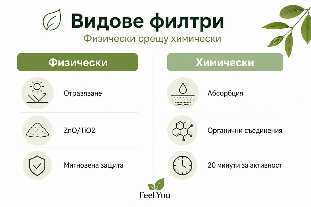 Инфографика: Сравнение между физични и химични слънцезащитни филтри