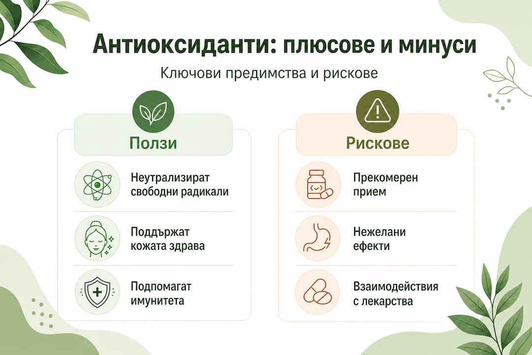 Инфографика, която представя плюсовете и минусите на антиоксидантите