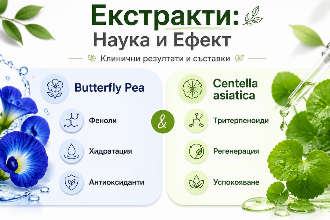 Инфографика: Сравнение на ефектите от Butterfly Pea и Centella