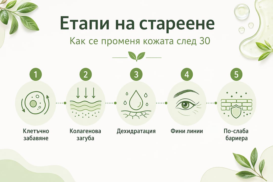 Визуално представяне на различните фази на остаряване на кожата