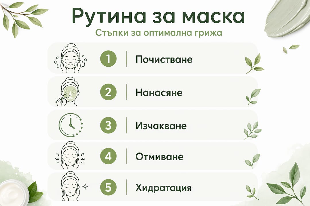 Илюстрирано ръководство със стъпките за нанасяне на маска за лице