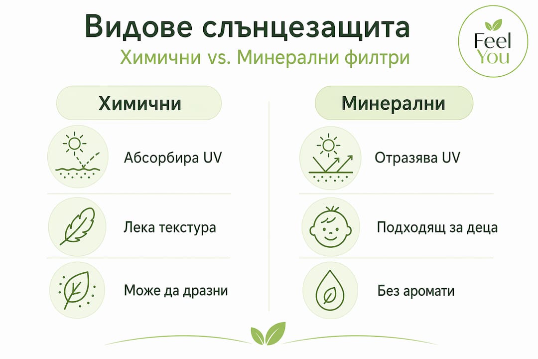 Инфографика, която показва основните разлики между химичните и минералните филтри за слънцезащита