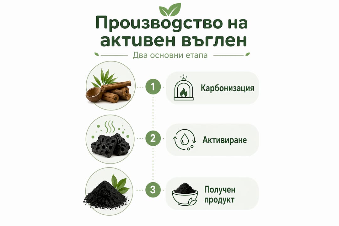 Инфографика, която представя етапите в производството на активен въглен