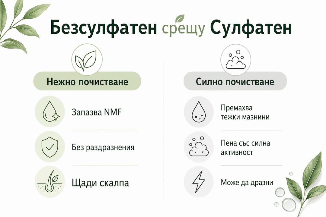 Сравнителна инфографика: сулфатен срещу безсулфатен шампоан – основни разлики и предимства