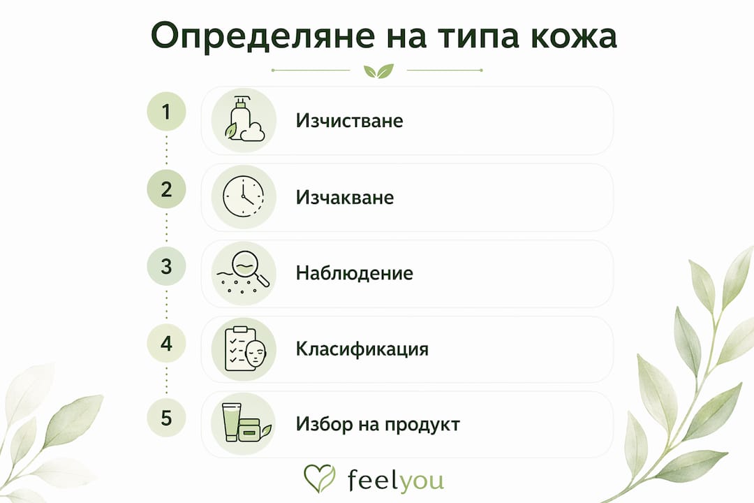 Инфографика с лесни стъпки за определяне на типа кожа и избора на подходяща козметика