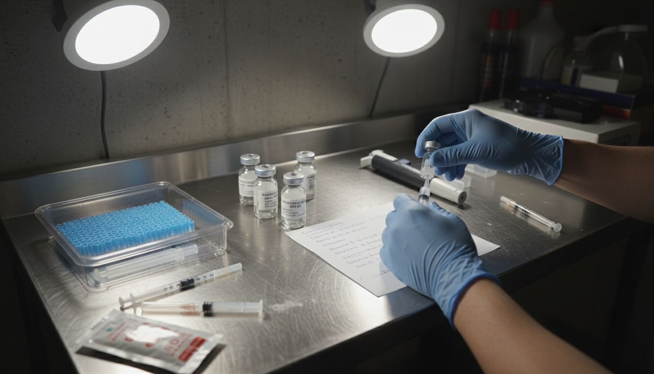 Hands preparing peptide solution at lab bench