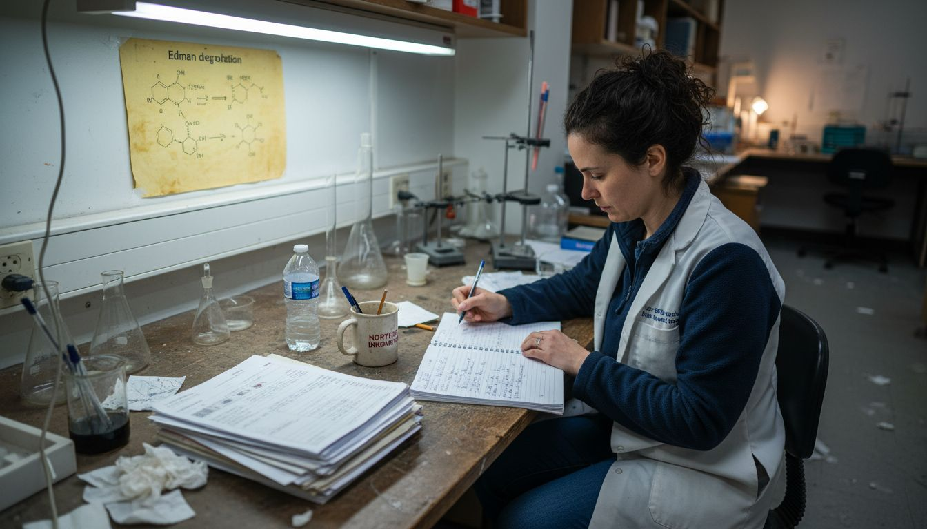Scientist reviewing Edman degradation notes at desk