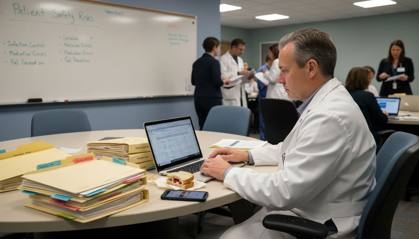 Clinician reviews immunogenicity safety data at meeting table