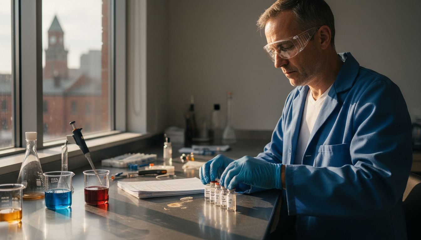 Lab technician handles peptide experiment materials