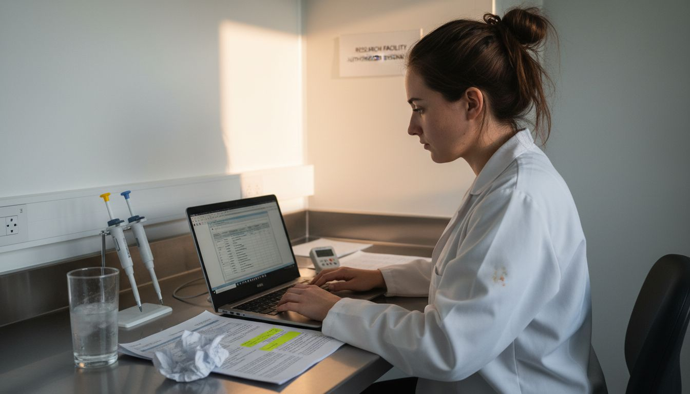 Lab assistant reviews peptide research data