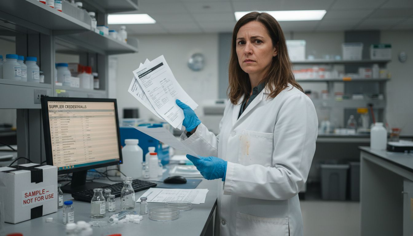 Lab manager checks peptide supplier paperwork