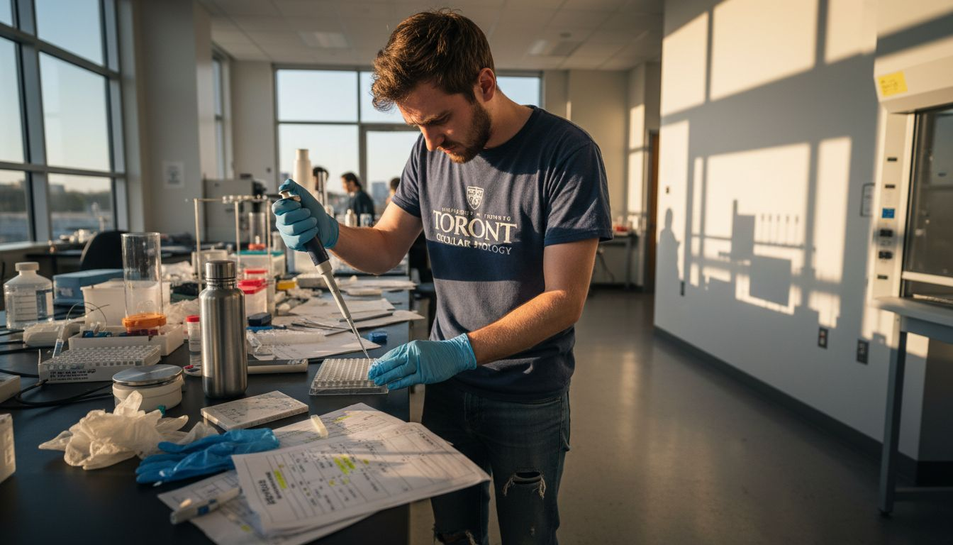 Student pipetting in busy laboratory