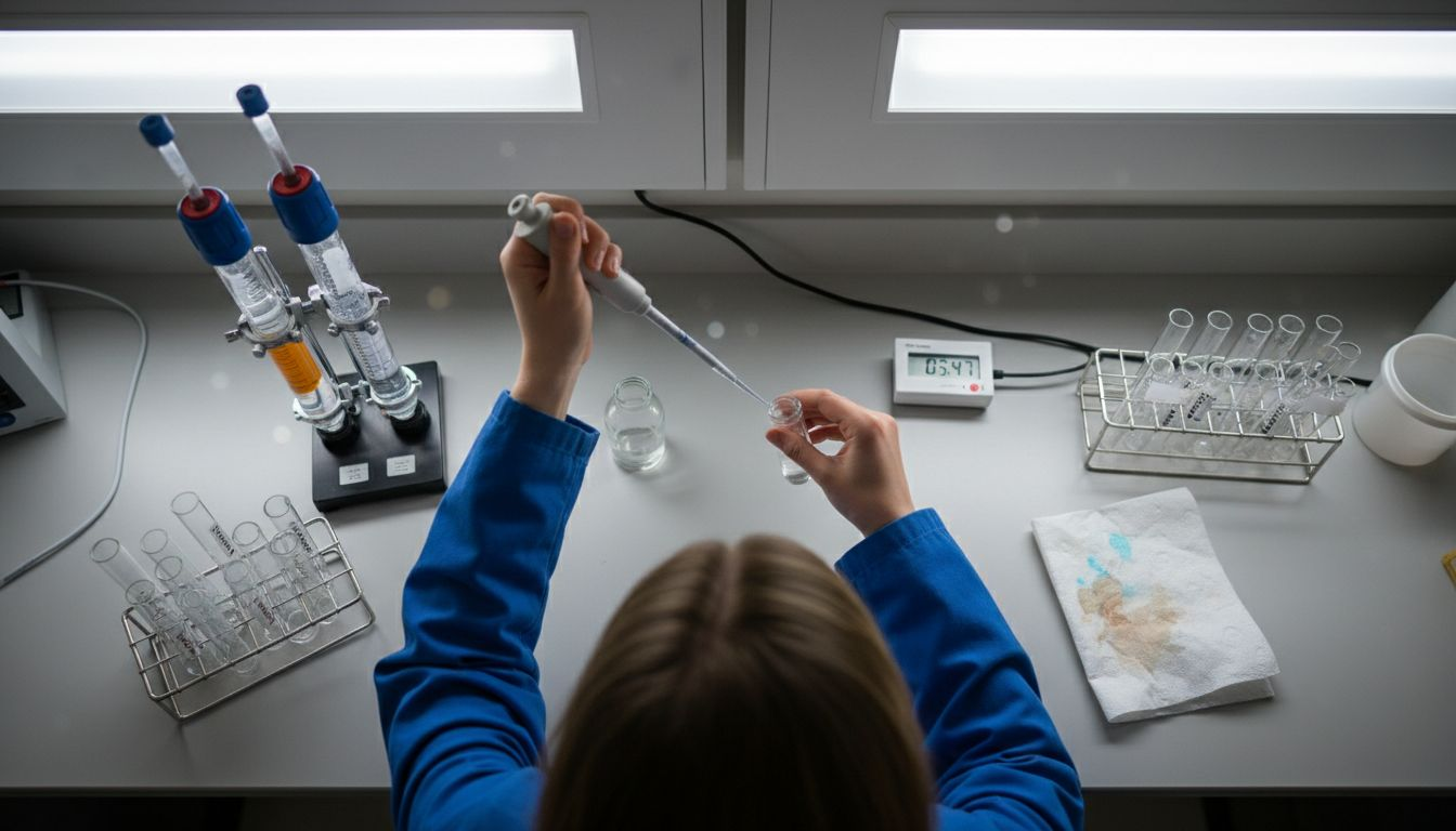Scientist performing peptide coupling cycle close up