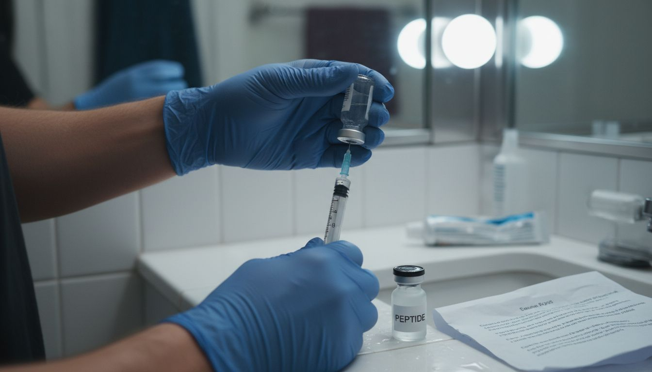 Hands mixing peptide solution at bathroom counter