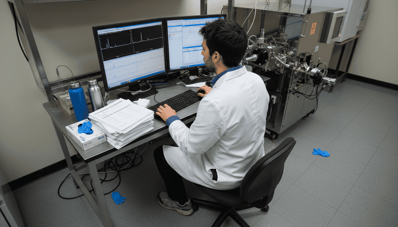 Lab technician analyzing peptide identity