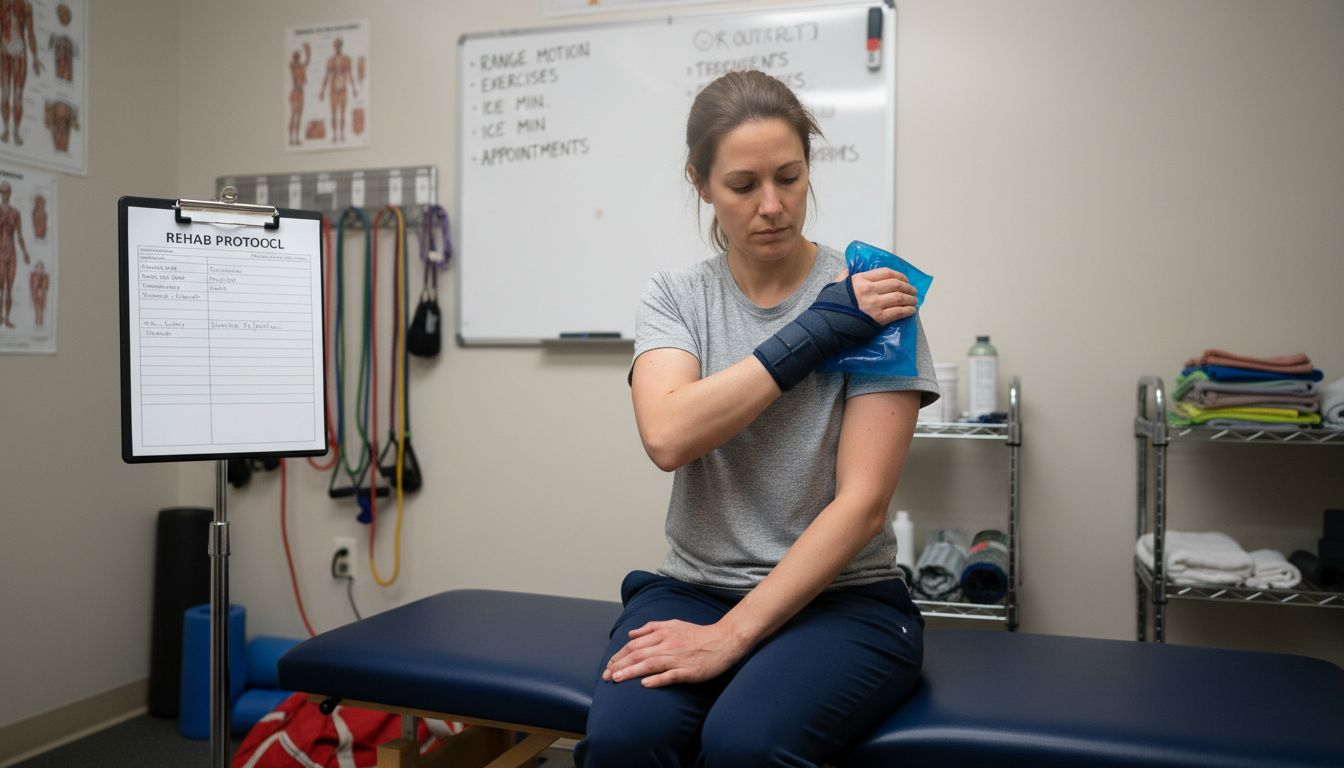 Woman with wrist brace in physiotherapy session