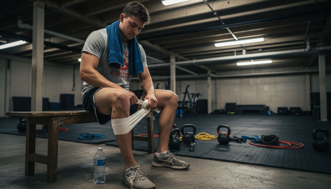 Athlete using bandage after muscle workout