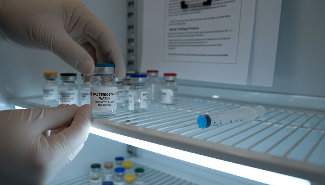 Placing bacteriostatic water on refrigerator shelf
