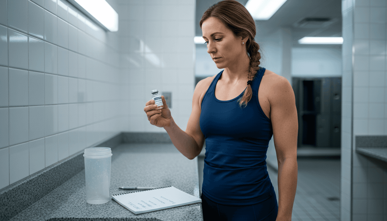 Athlete examines peptide vial near locker room