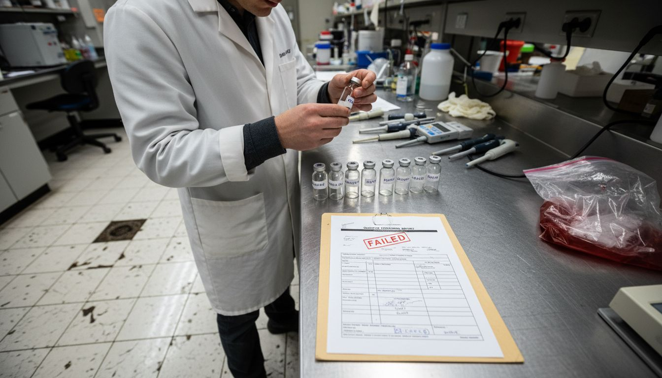 Technician checking peptide vials for safety