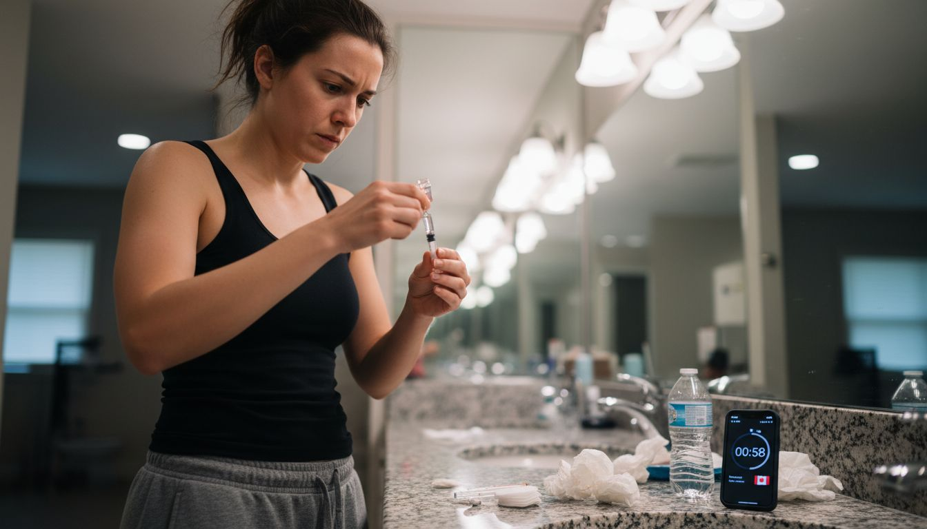 Woman mixing peptide solution at bathroom counter
