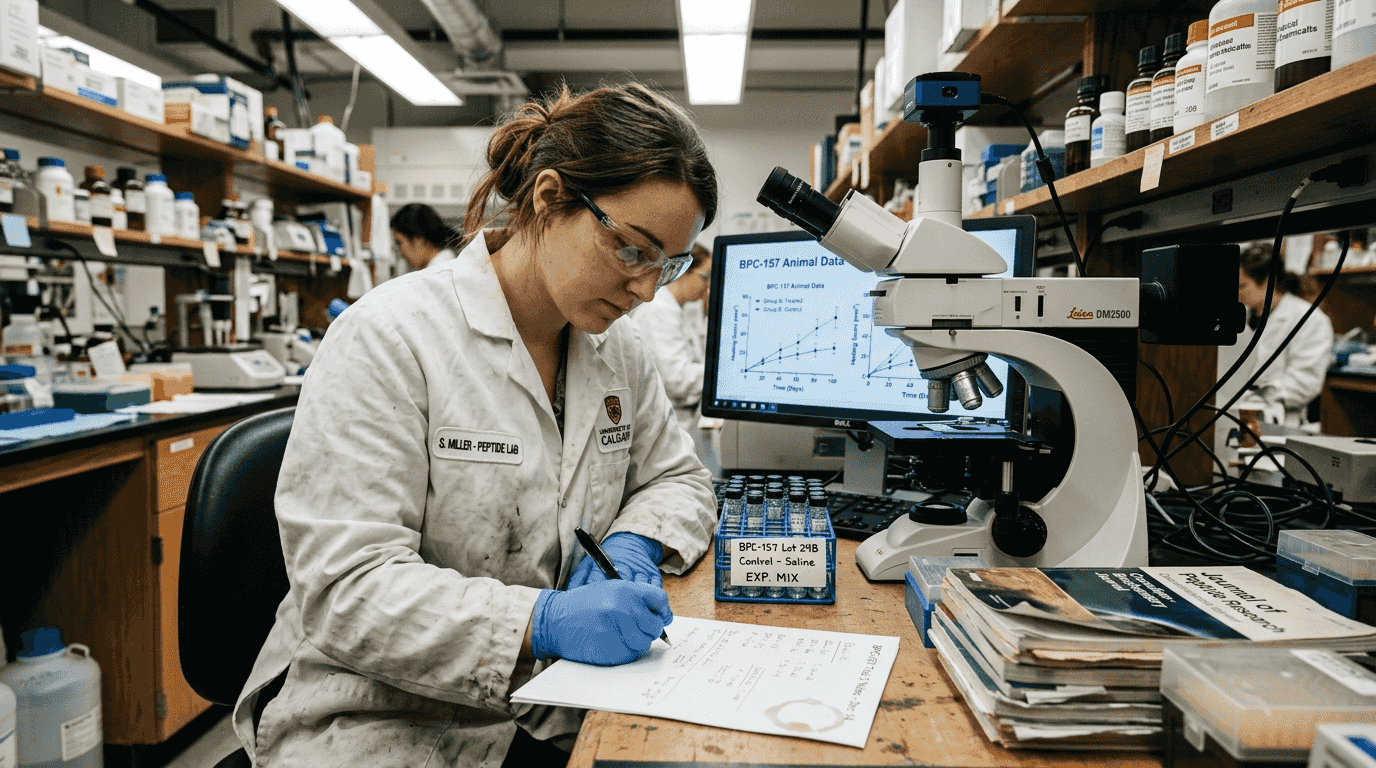 Lab technician documenting peptide experiment