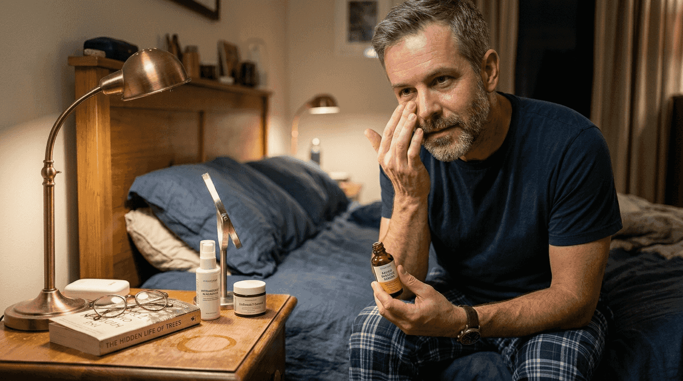 Man using peptide serum before bedtime