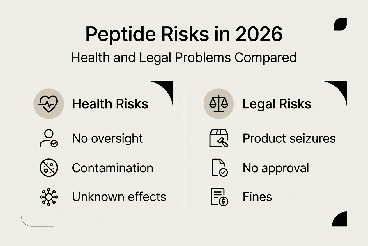 Infographic comparing health and legal peptide risks