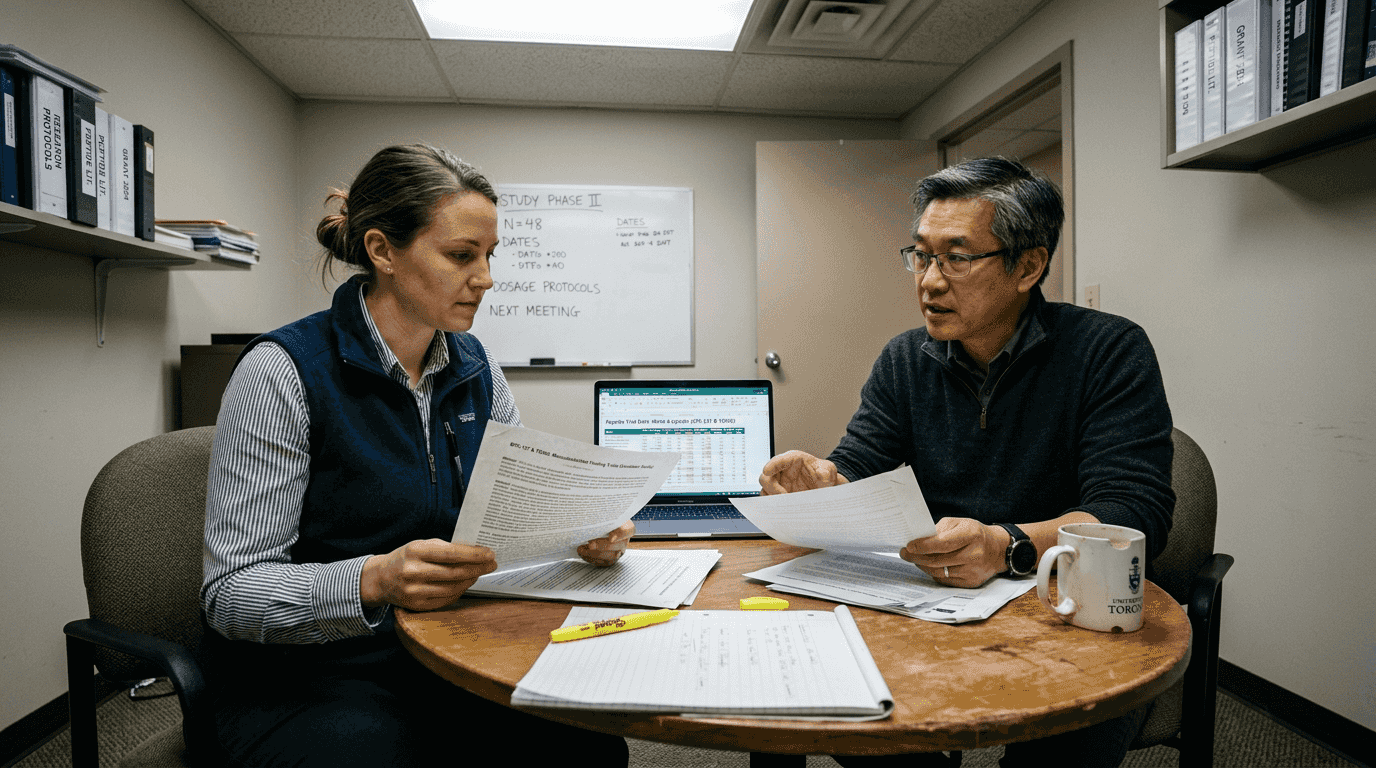 Researchers discussing peptide study findings
